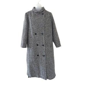 Vintage 80s British Lion Wool Trench Coat Black/White Womens Size 8 Herringbone